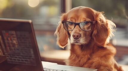 Wall Mural - A dog wearing glasses sitting in front of a laptop computer, AI