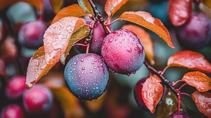 Poster -   A zoomed-in image of plum clusters on a tree, adorned with dewdrops on the foliage and fruit hanging from the branches