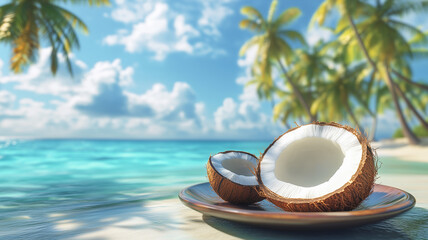 Wall Mural - A vibrant image of a halved coconut on a plate, set against a tropical backdrop of palm trees and a clear. Ai generated