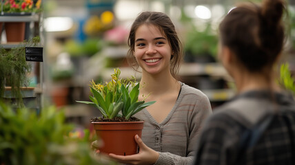 A young woman in a garden center, excitedly holding a potted plant for a customer to see, her positive demeanor evident in her smile. Ai generated