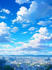 Wall Mural - a serene sky full of white clouds above a city, with blue and azure sky
