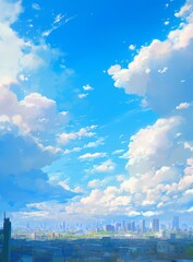 Wall Mural - a serene sky full of white clouds above a city, with blue and azure sky