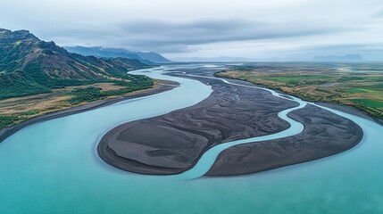 Poster -   Aerial view of water with mountains on either side and a winding river dividing it