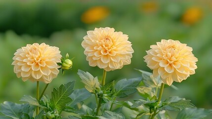 Poster -  Three yellow flowers with green leaves in sharp focus against a soft yellow backdrop of flower clusters