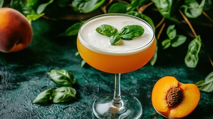 Poster -   Close-up of drink in glass on table with peach and green background