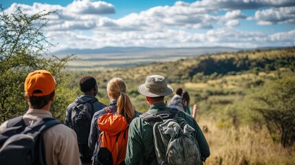 a group of diverse tourists enjoys a safari trek, taking in the breathtaking natural beauty of the a