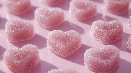 Sticker -   A close-up of heart-shaped candies on a pink surface, with droplets of water splashing around them