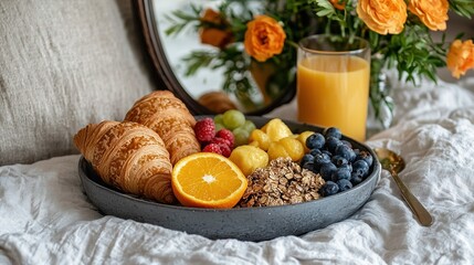 Wall Mural -   A bowl of fruit, cereal, orange juice, and croissants on a bed with a mirror in the background