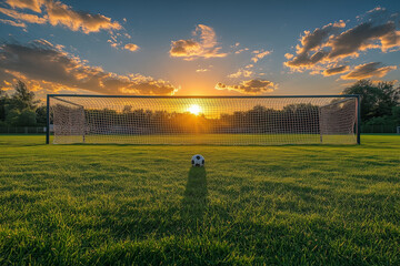 Wall Mural - Soccer field with a net and a goal post in the distance