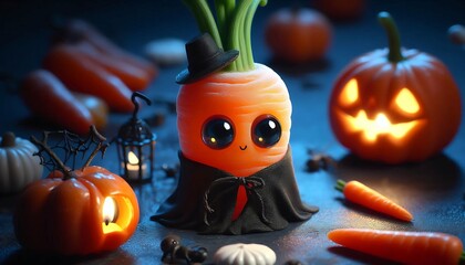 Cute Carrot in Halloween Attire with Jack-o'-Lanterns