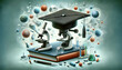 © HaJung - Exciting Graduation Cap, Microscope, and Science Book on Whimsical Background For Scientific Discovery  Learning   Photo Stock Concept
