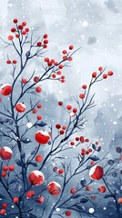 Wall Mural - Watercolor hand drawn winter pattern with nature elements on a blue background Perfect for banners gifts textiles and fabrics