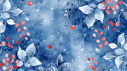 Wall Mural - Watercolor hand drawn winter pattern with nature elements on a blue background Perfect for banners gifts textiles and fabrics