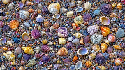 Poster -   A handful of seashells scattered across a sandy shore, some nestled in the sand while others rest on the ground