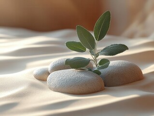 Wall Mural - zeninspired composition sage sprig on smooth pebbles fine sand texture muted earth tones soft shadows minimalist nature arrangement