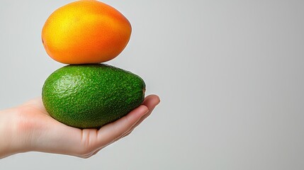 Canvas Print -   A hand holding both an orange and an avocado against a gray backdrop