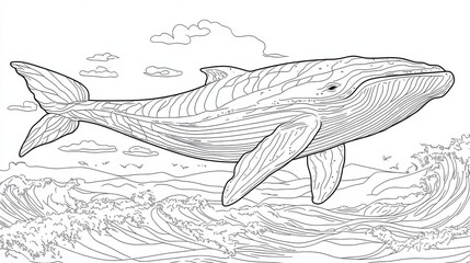 Wall Mural - Outline illustration of a black and white whale for drawing and coloring on white background