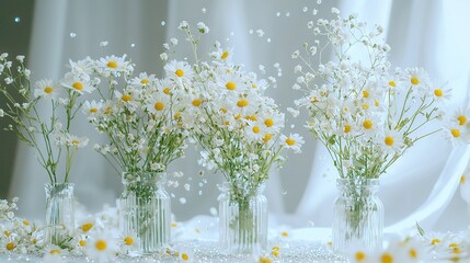 Poster -   A collection of vases brimming with white and yellow blossoms resting atop a white-covered table, adorned with a white drape