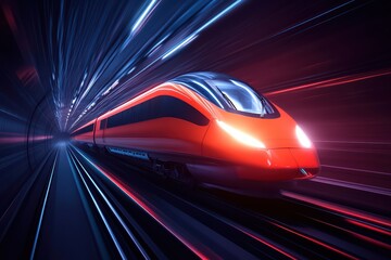 Wall Mural - A futuristic train speeding through a vibrant, illuminated tunnel, showcasing advanced technology and dynamic motion.