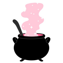witch’s cauldron with pink potion and sparkling smoke illustration