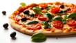 © Wimon - A vibrant vegan pizza topped with fresh tomatoes and olives, isolated on a crisp white background