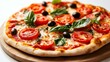 © Wimon - A vibrant vegan pizza topped with fresh tomatoes and olives, isolated on a crisp white background
