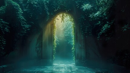 Poster - Mysterious Archway Leading Through Foggy Forest