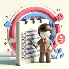 Sticker - 3d Flat icon as Coordinator with Timeline and Checklist concept as An image of a coordinator with a timeline and checklist set against a whimsical background offering ample space for text or graphics 