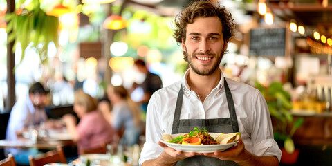 Waiter in a restaurant serving a dish