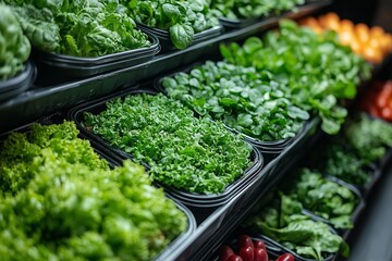 Wall Mural - Fresh greens arranged neatly on display in a grocery store during the morning hours