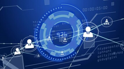 Animating digital network connections and data processing over blue background with icons