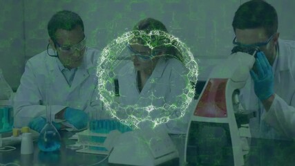 Poster - Scientists in lab coats working with DNA helix animation over laboratory equipment