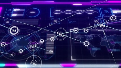 Digital network connections and data processing animation over futuristic interface