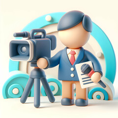 3d Flat icon as News Anchor with Camera and Microphone concept as An image of a news anchor with a camera and microphone set against a whimsical background offering ample space for text or graphics sy