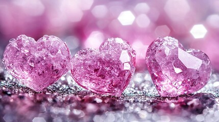 Wall Mural -   Three pink diamond hearts on a glittering pink and white background with sparkling lights above