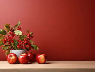 Poster - Red ripe apple fruits placed on a stone table.