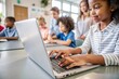 © hobonski - Engaged and Diverse Students Thrive in Tech-Savvy Classroom. A heartwarming image of young, diverse students fully engaged in a technology-based lesson.