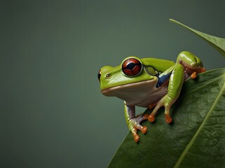 Wall Mural - Green Tree Frog on a Leaf.