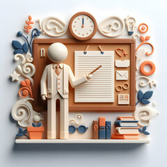 3d Flat icon as Teacher with Bulletin Board and Notice concept as An image of a teacher with a bulletin board and notice set against a whimsical background offering ample space for text or graphics sy