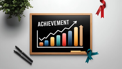 3d Flat icon as Blackboard with Achievement Graph and Ribbon concept as A blackboard with an achievement graph and a ribbon set against a dreamy background offering ample space for text or graphics sy