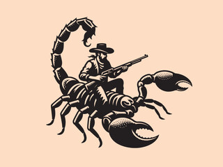 Wall Mural - A cowboy with a gun riding an scorpion. Abstract engraving vector illustration. isolated object, print