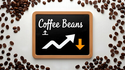 3d Flat icon as Blackboard with Coffee Beans and Growth Chart concept as A blackboard featuring coffee beans and a growth chart set against a whimsical background offering ample space for text or grap