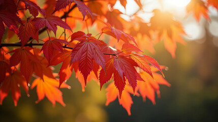 Bright red maple leaves catch the warm sunlight, showcasing their vivid color amidst a tranquil forest setting during the autumn season