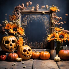 Wall Mural - Happy Halloween, flat lay mockup with pumpkins, spiders and skulls on orange background. Autumn holiday concept