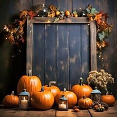 Wall Mural - Happy Halloween, flat lay mockup with pumpkins, spiders and skulls on orange background. Autumn holiday concept