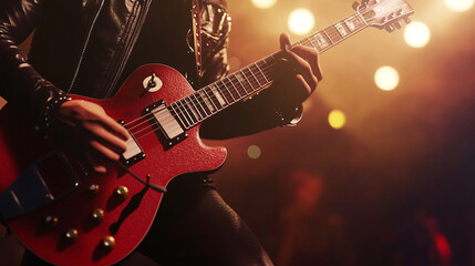 Guitarist in leather jacket plays the guitar on stage. His face is not visible.