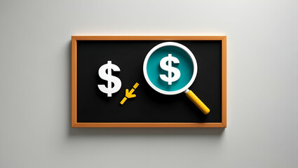 3d Flat icon as Blackboard with Magnifying Glass and Dollar Sign concept as A blackboard with a magnifying glass and a dollar sign set against a dreamy background offering ample space for text or grap