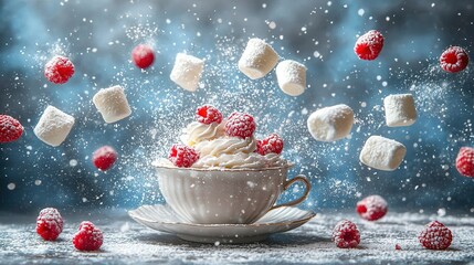  A cup of ice cream with raspberries and marshmallows spilling onto the table