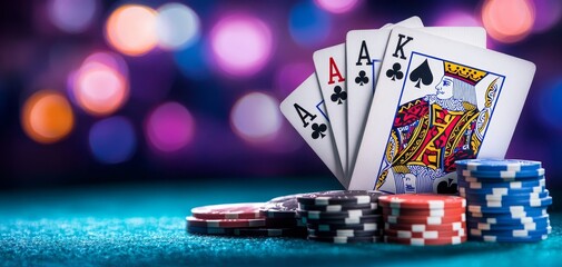 Ace of Spades with Four Aces Chips on a Blue Felt Table with a Purple Bokeh Background A Gambling Concept