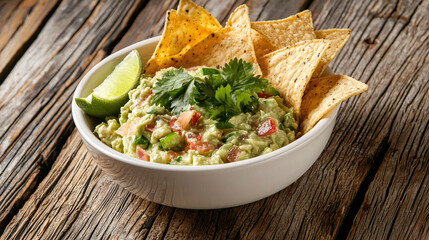 a bowl of creamy Mexican guacamole served with a side of crispy tortilla chips